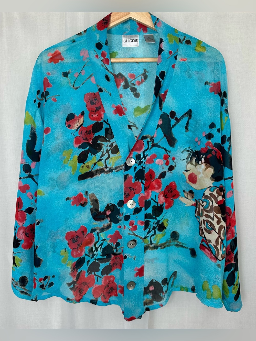 Vintage Chicos 100% Silk Geisha Portrait Art To Wear Novelty Blouse Size 3/XL/16